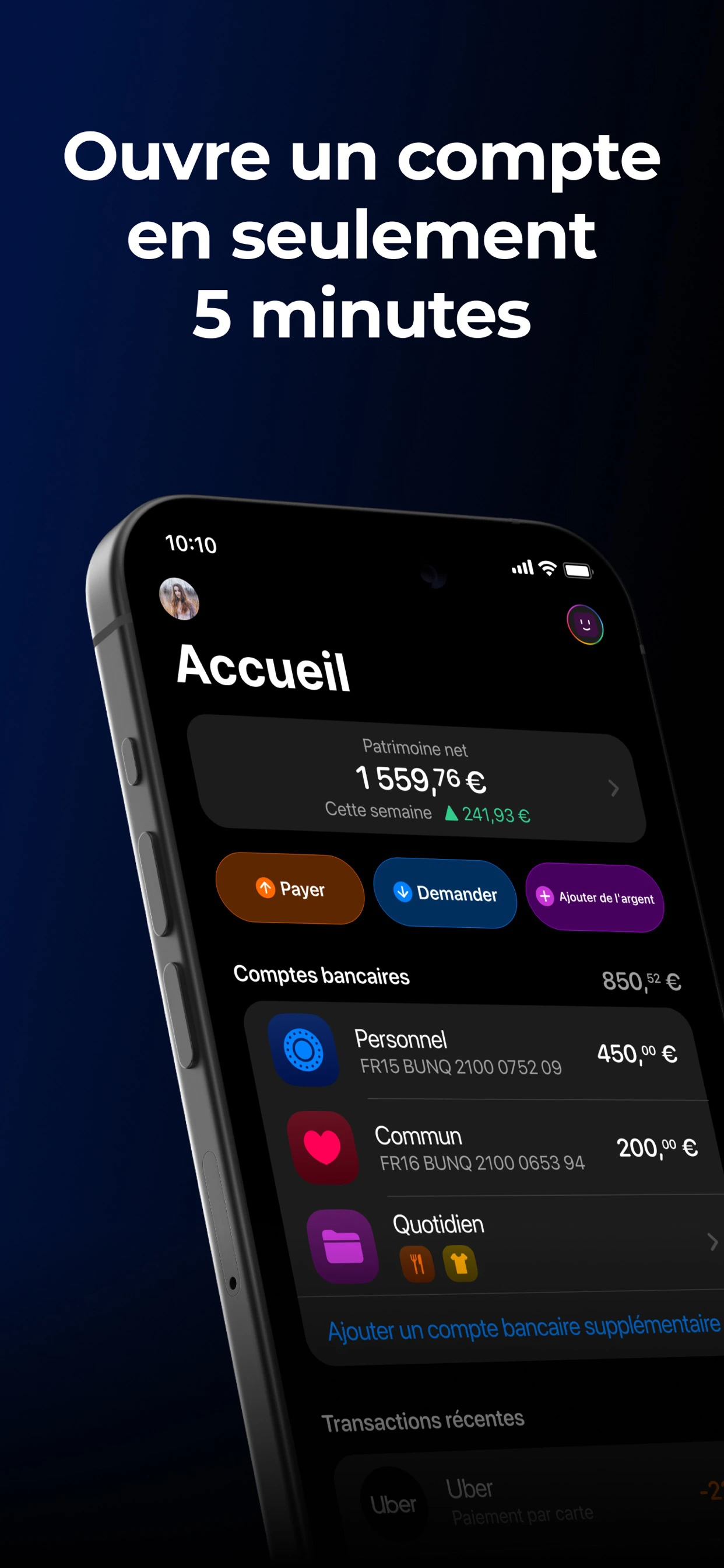 Accueil et comptes dans l’application commune bunq — application Bunq Business
