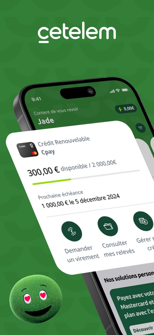 Visuel officiel de l’application Cetelem montrant le disponible Cpay et l’accès aux relevés