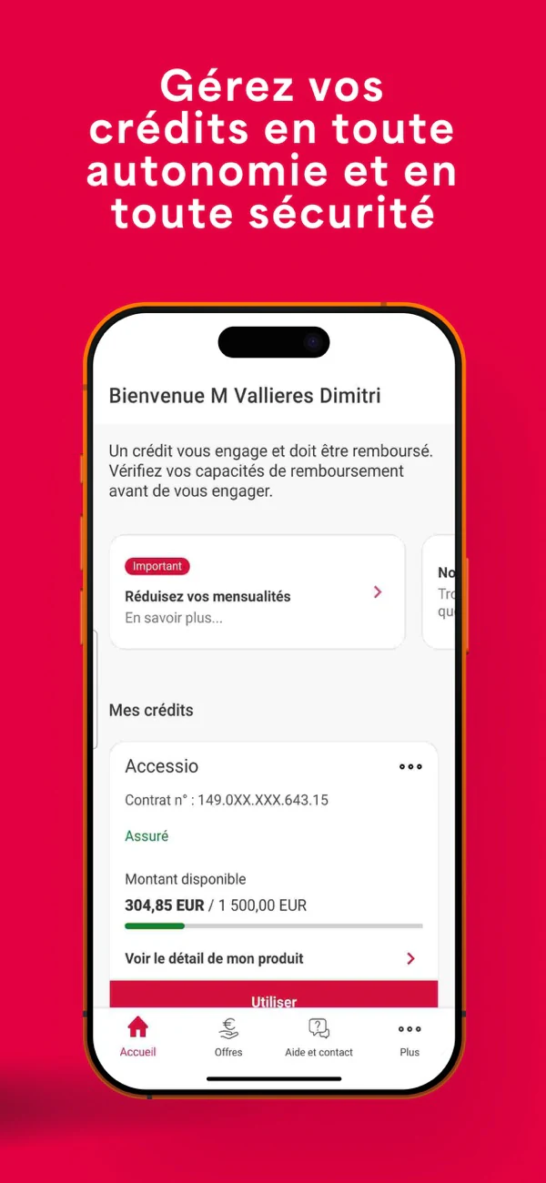 Visuel officiel de l’application Cofidis présentant un contrat Accessio et son montant disponible