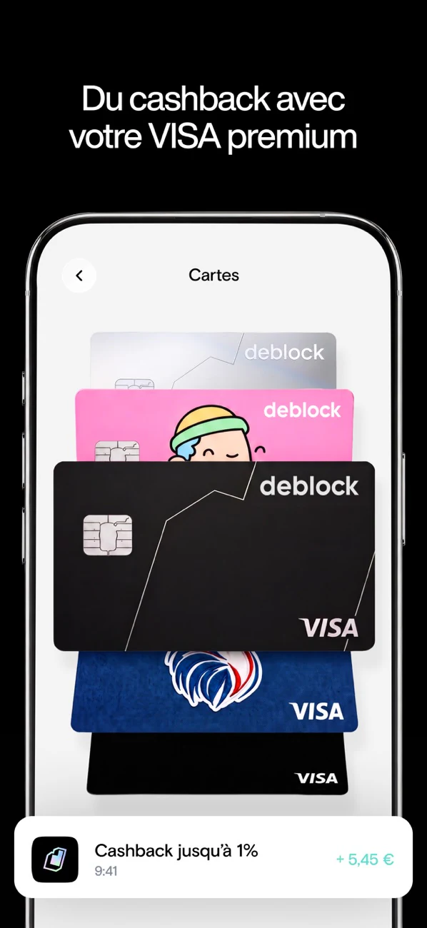 Capture officielle Deblock : cartes et cashback