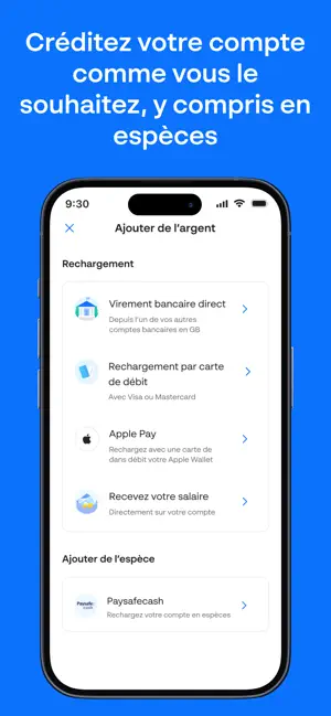 Options pour créditer le compte Monese, dont Paysafecash