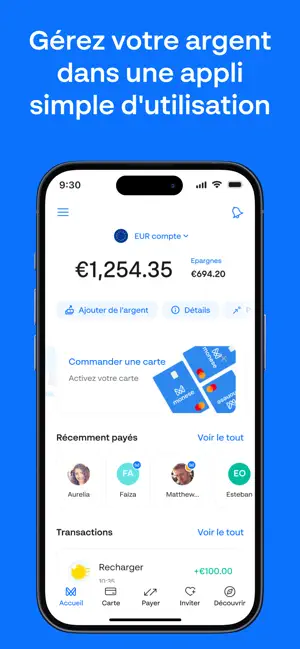 Écran d’accueil Monese avec le solde et les dernières opérations