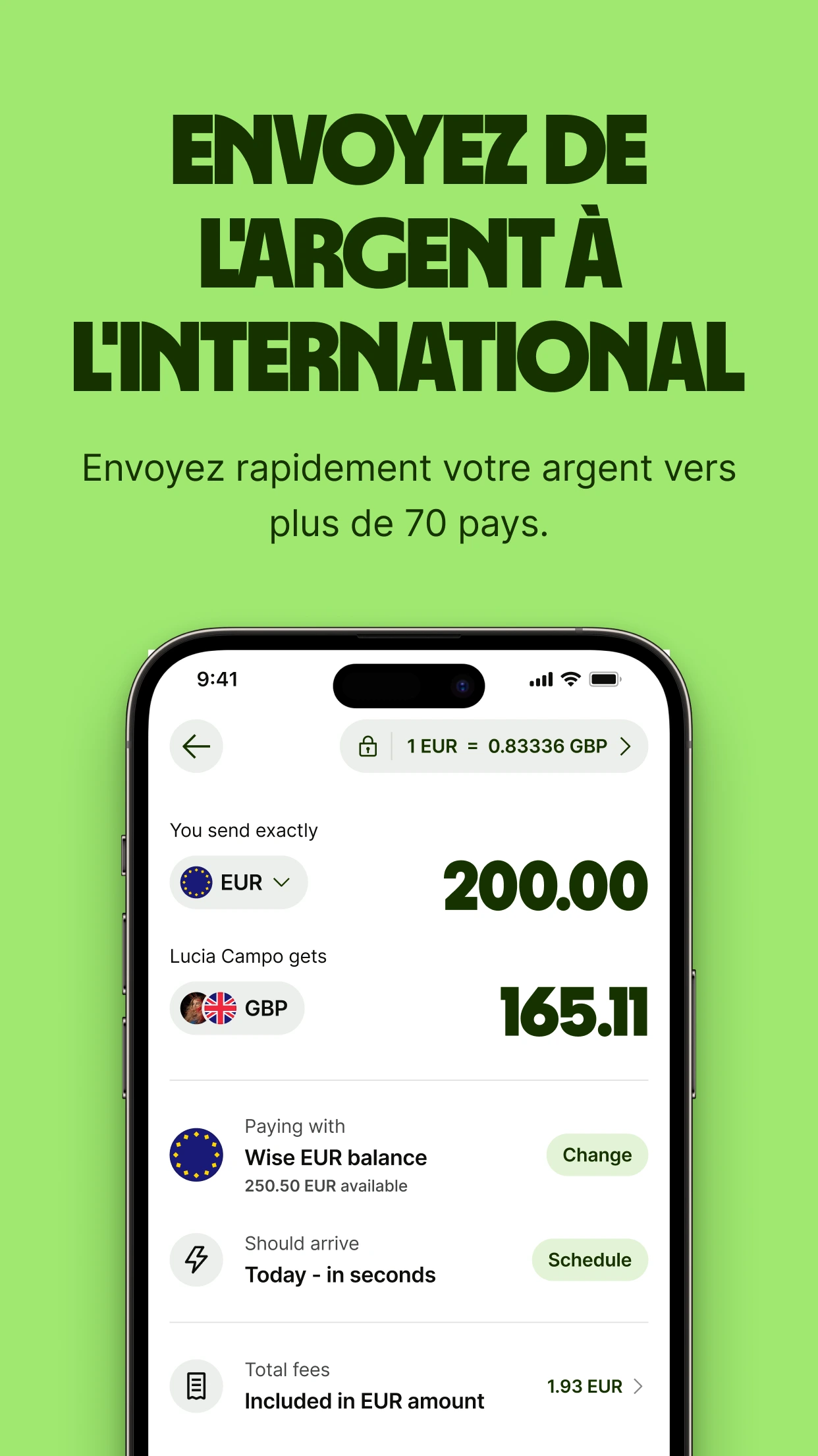 Prévisualisation d’un transfert et de ses frais — application Wise Business