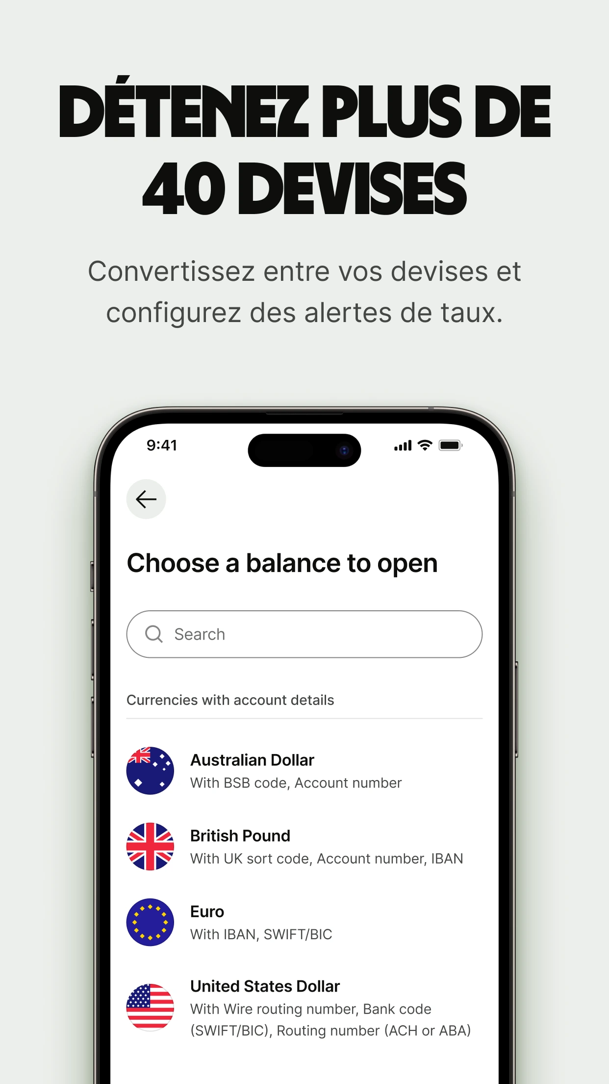 Choix de la devise et des coordonnées — application Wise Business