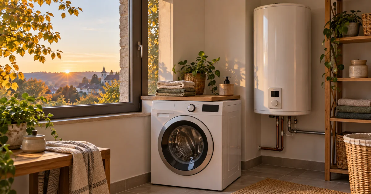Une buanderie avec ballon d’eau chaude et lave-linge au lever du jour.