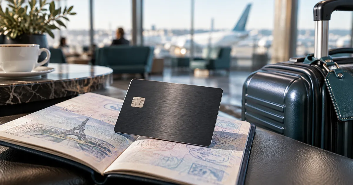 Carte bancaire générique en métal et passeport dans un salon d’aéroport ; illustration de voyage.
