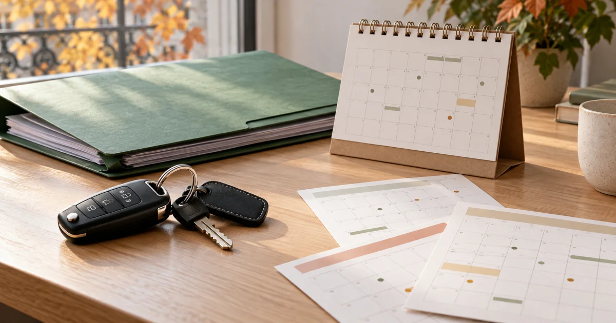 Des clés de voiture et un calendrier de trois mois sur une table de bois, avec une pochette verte.