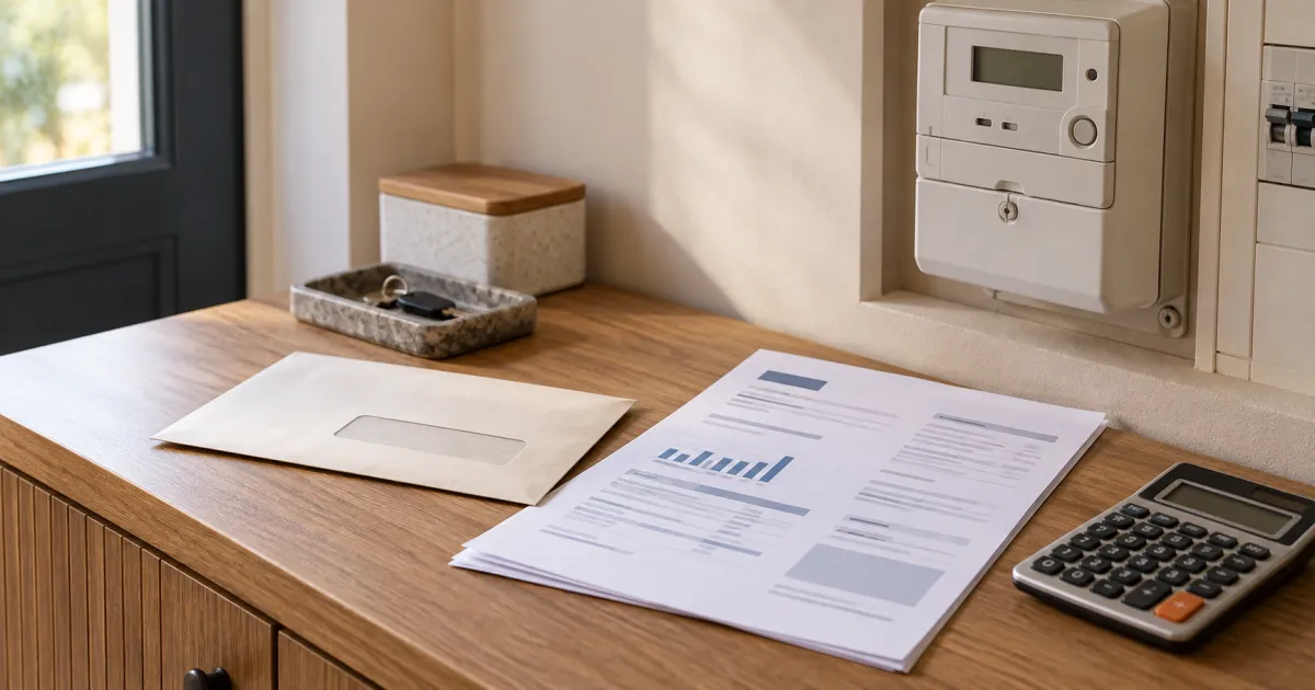 Courrier, facture d’énergie et calculatrice sur un meuble d’entrée près d’un compteur ; illustration.