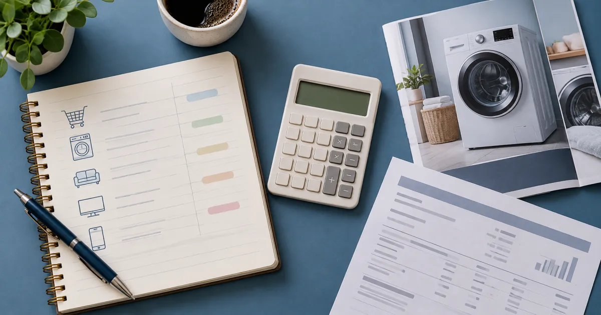 Calculatrice, carnet de budget et brochure d’électroménager sur un bureau bleu ; illustration.