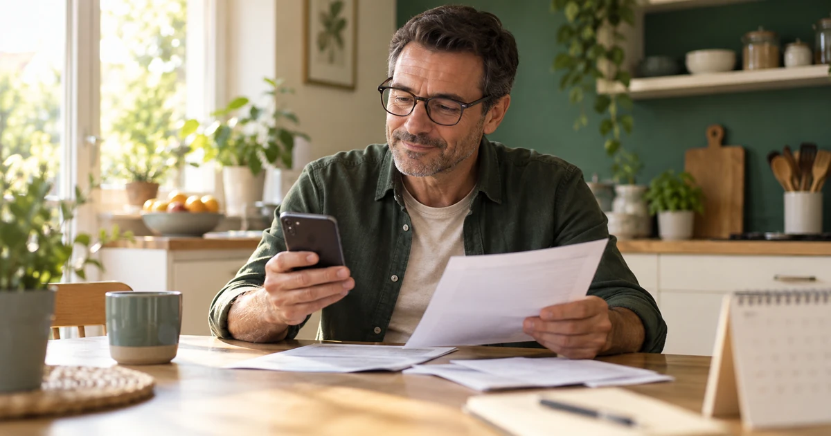 Un homme consulte son téléphone et des documents bancaires à sa table de cuisine.