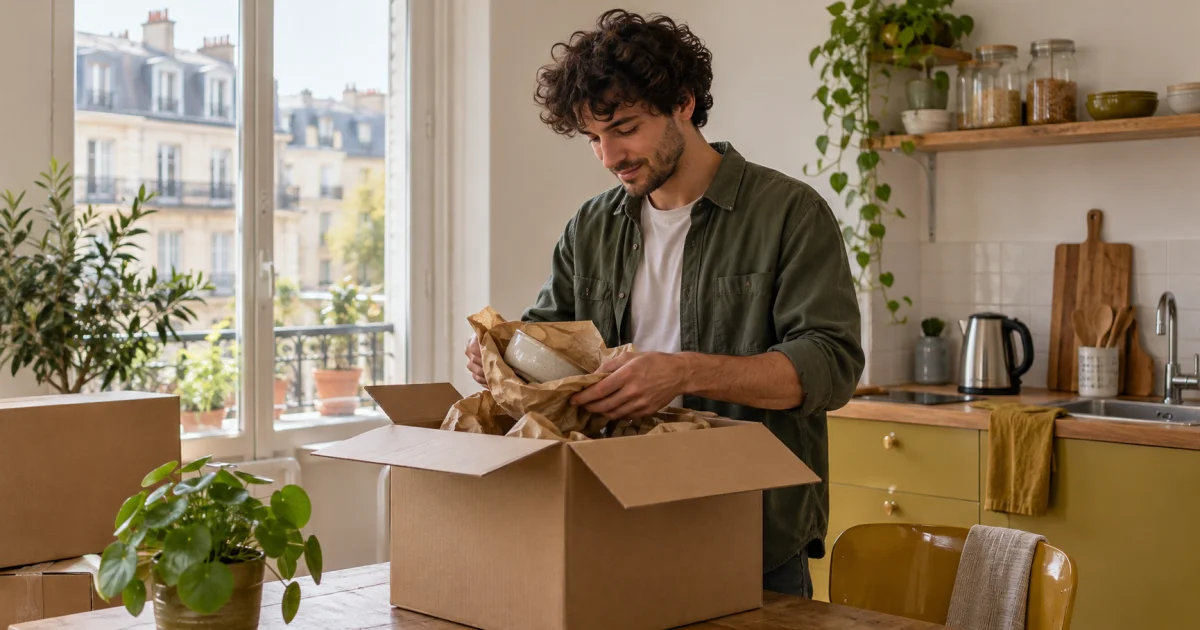Un jeune homme déballe un carton dans la cuisine de son premier appartement.