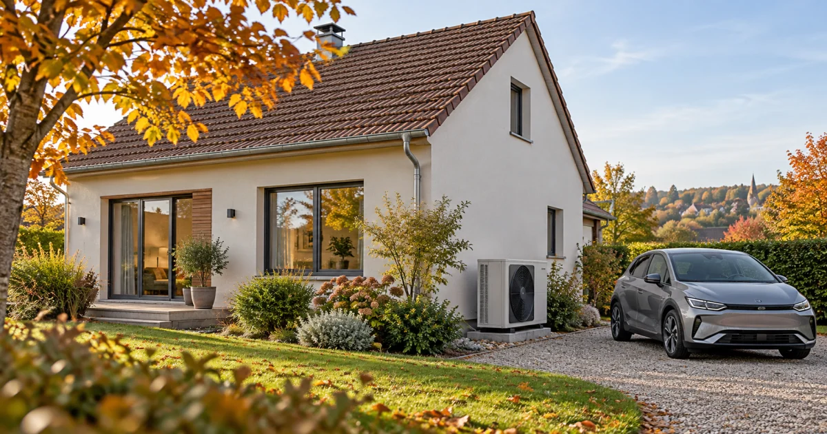 Une maison équipée d’une pompe à chaleur et une voiture électrique dans l’allée à l’automne.