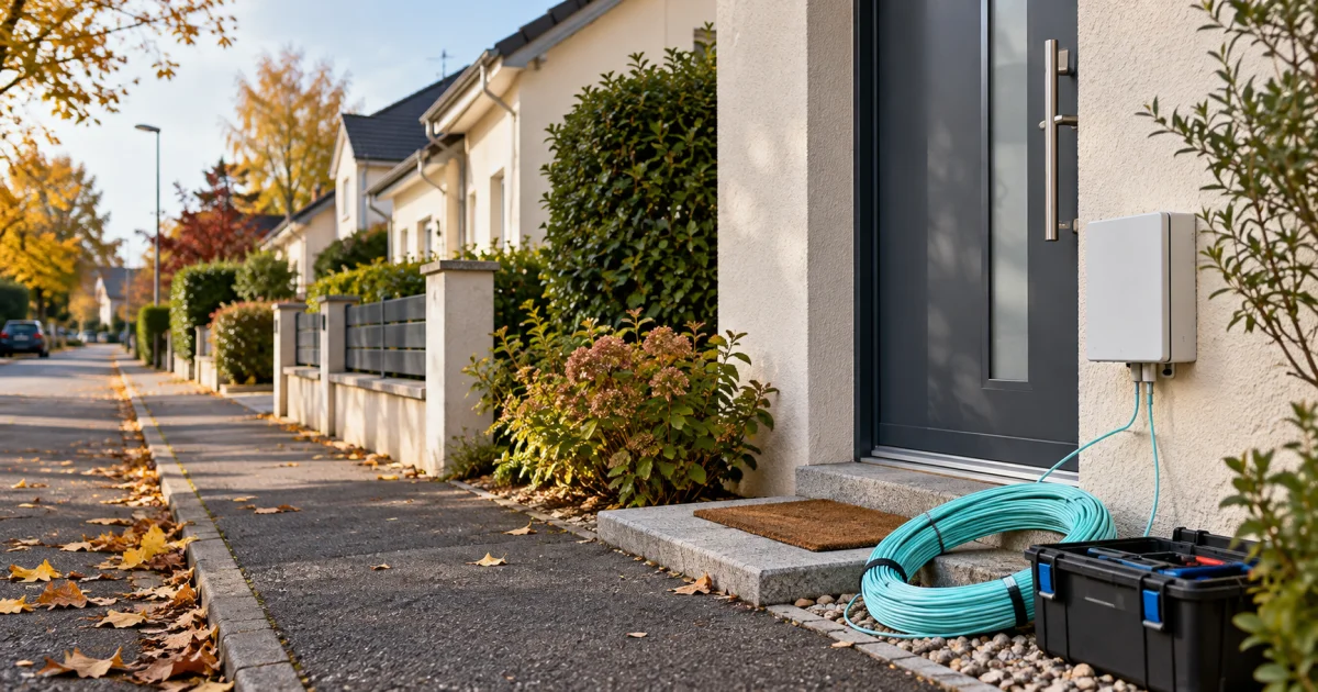 Une entrée de maison avec un câble fibre et une boîte à outils, dans une rue résidentielle.