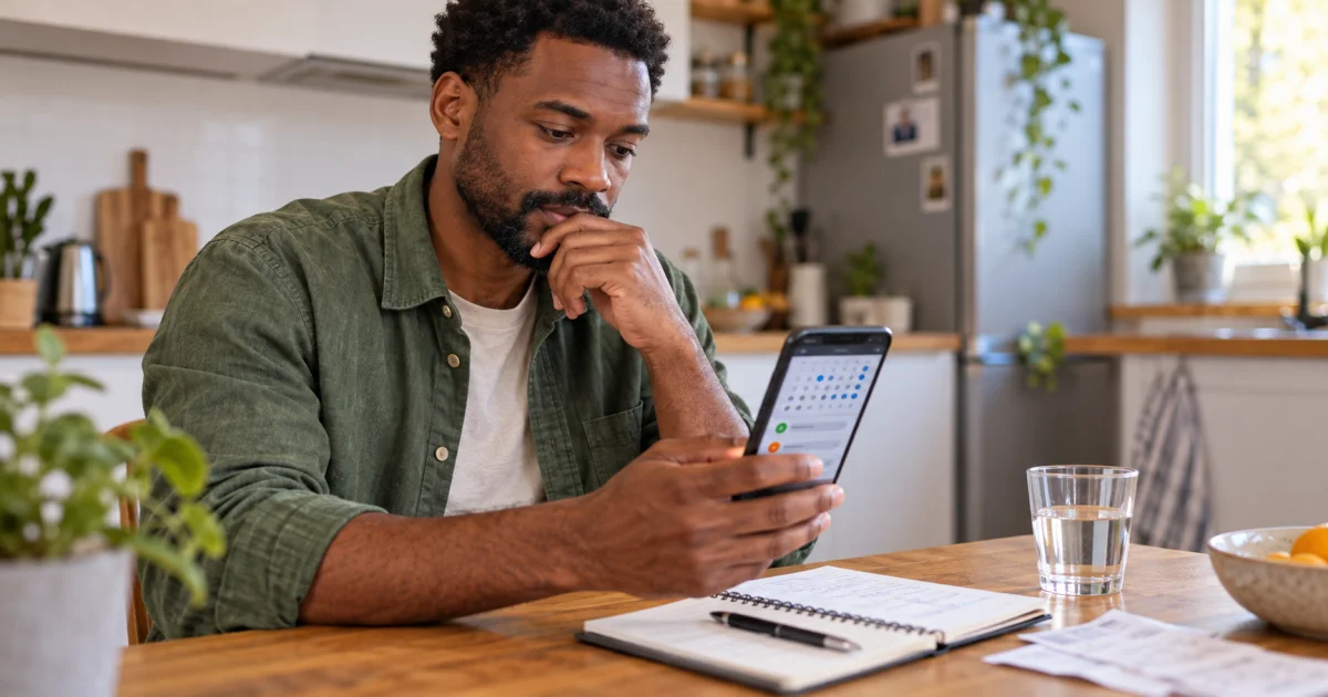 Une personne consulte un échéancier sur son téléphone à une table de cuisine, sans texte lisible.