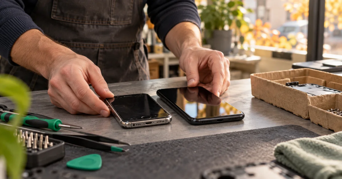Un ancien téléphone et un appareil récent sans marque sur un comptoir de réparation, avec des outils verts.
