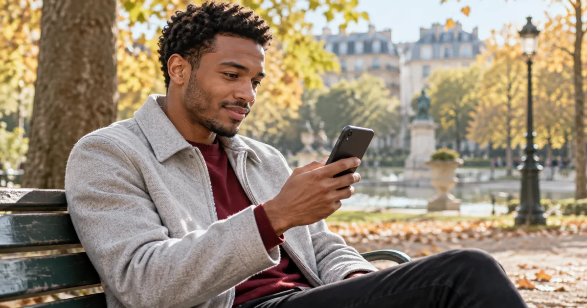 Jeune homme utilisant un téléphone sur un banc de parc en automne ; illustration de connexion mobile.