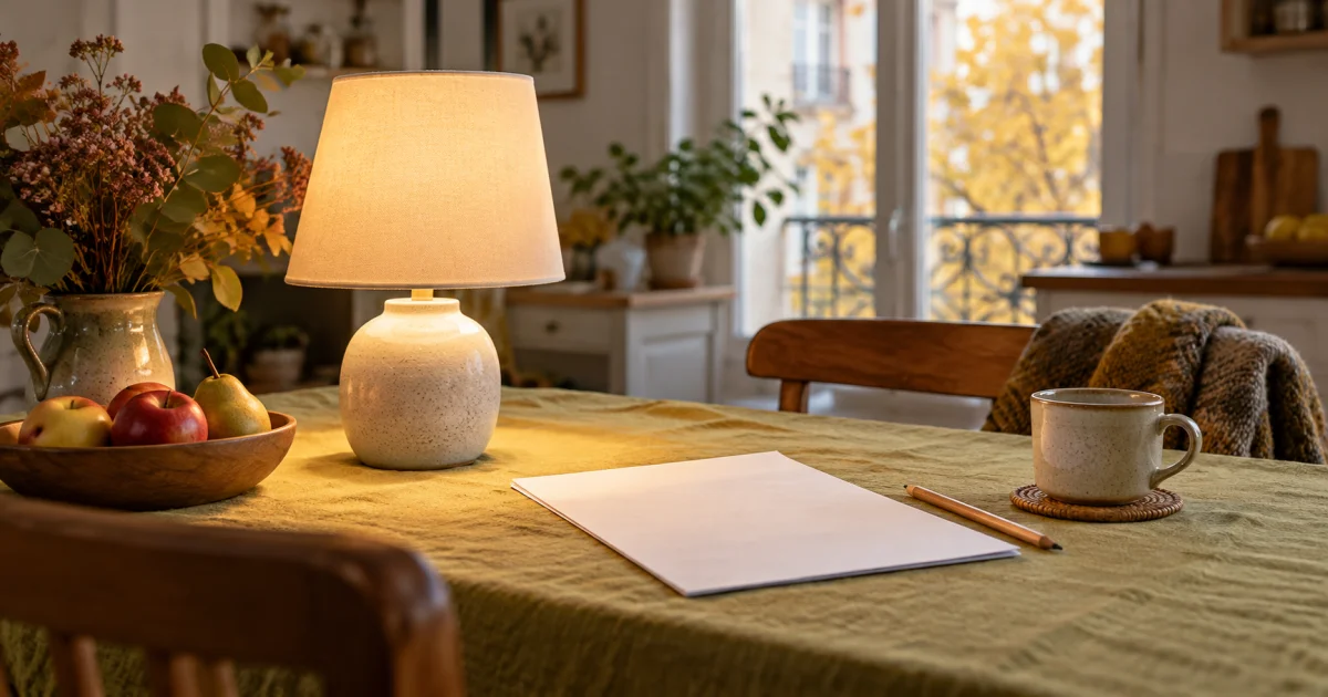 Une lampe allumée et un document de facture sans écriture lisible sur une table de cuisine.