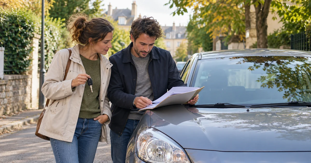 Un couple examine le budget d’une voiture compacte, avec des documents et une clé de voiture.
