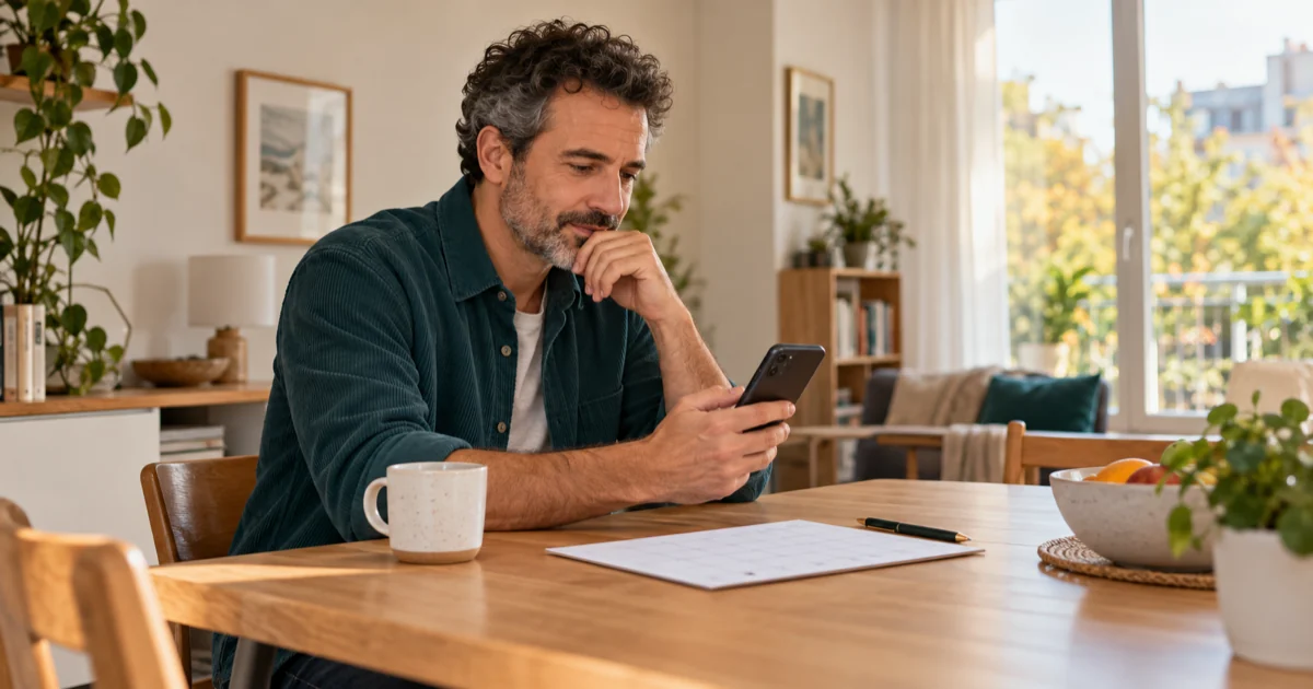 Un homme consulte son téléphone à une table près d’un calendrier mensuel ; illustration de la gestion d’un compte bancaire.