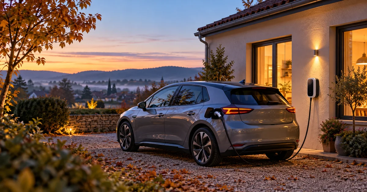 Une voiture électrique en charge devant une maison à l’aube.