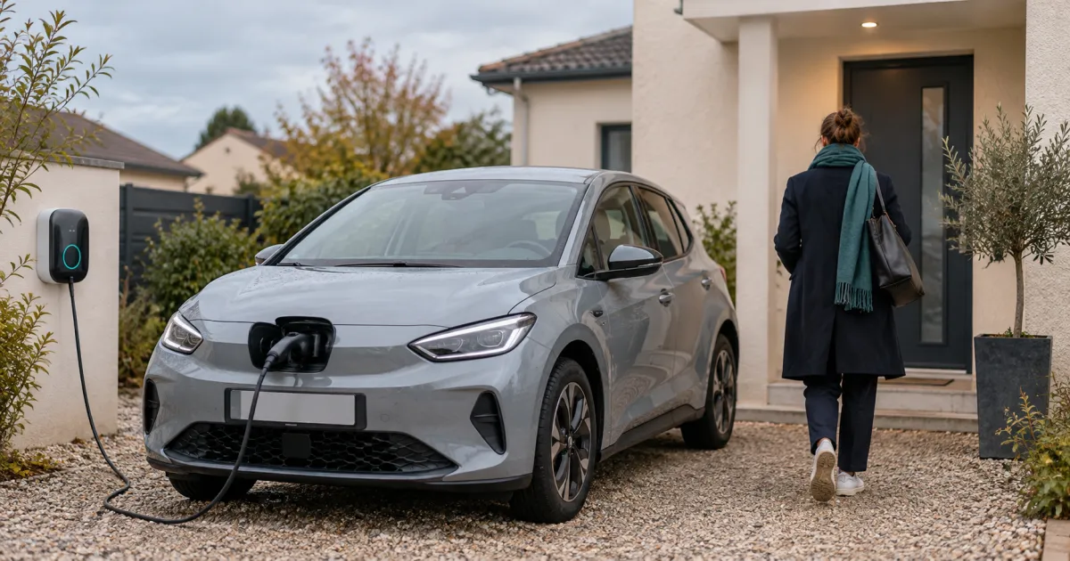 Voiture électrique compacte branchée devant un logement, sans personne identifiable ; illustration.