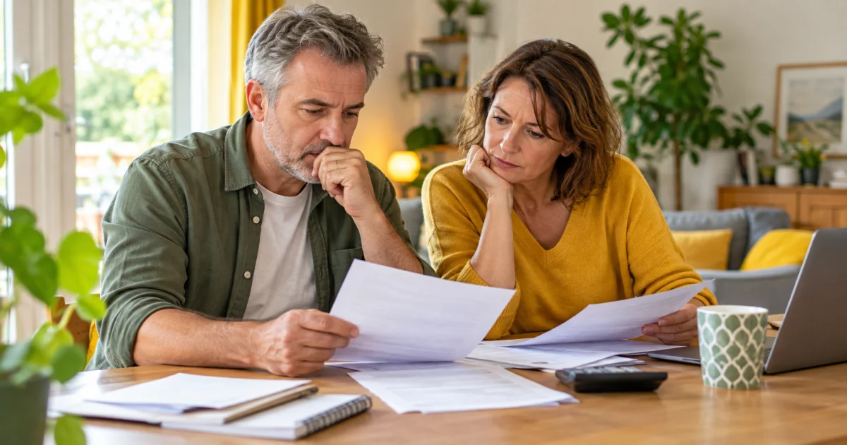Un couple examine ses factures d’énergie sur la table d’un appartement lumineux.