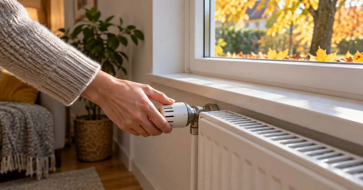 Une main règle le robinet thermostatique d’un radiateur près d’une fenêtre à l’automne.
