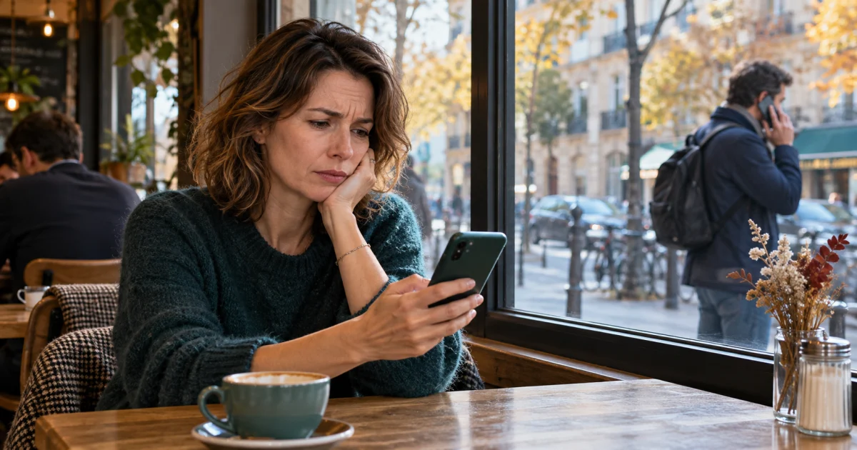 Une femme aux cheveux courts et ondulés regarde son téléphone, assise près de la fenêtre d’un café.