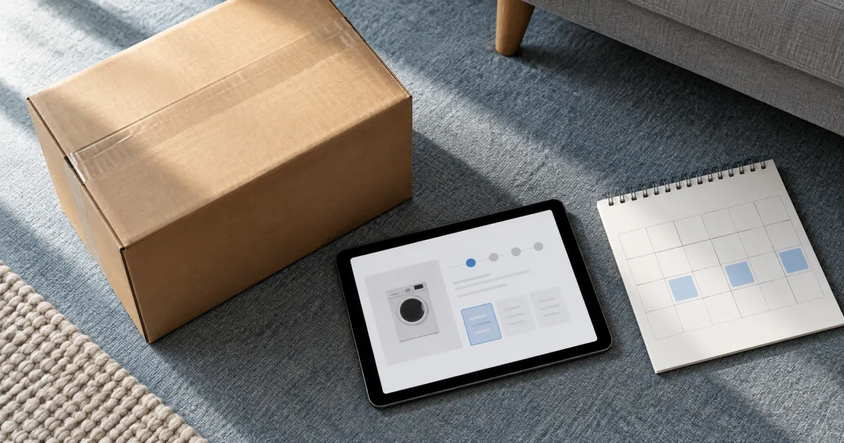 Tablette présentant un achat électroménager et calendrier avec quatre échéances ; illustration.