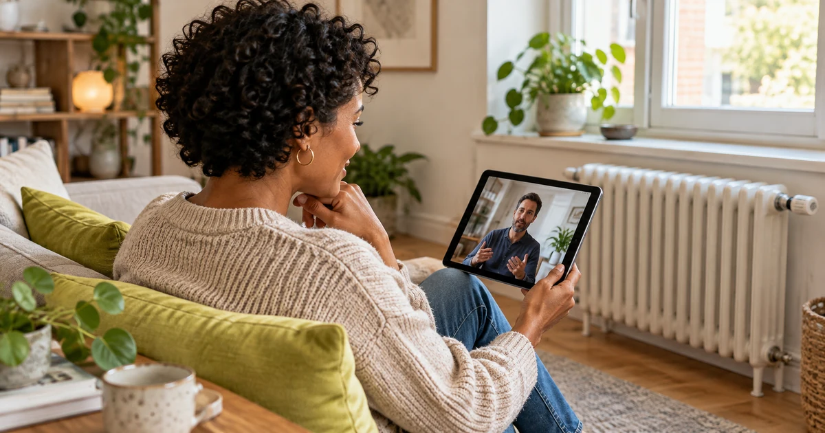 Une femme échange sur une tablette près d’un radiateur pour obtenir des conseils à distance.