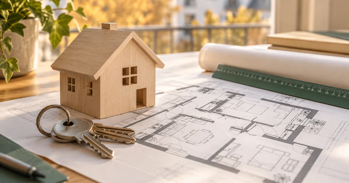 La maquette d’une maison et des clés sur un plan d’appartement, avec une règle verte.