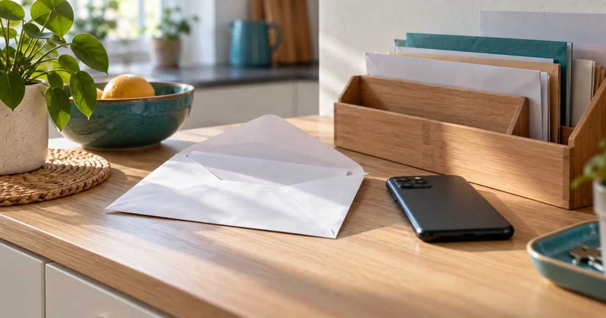 Un téléphone et des enveloppes sans texte lisible sur une table de cuisine.