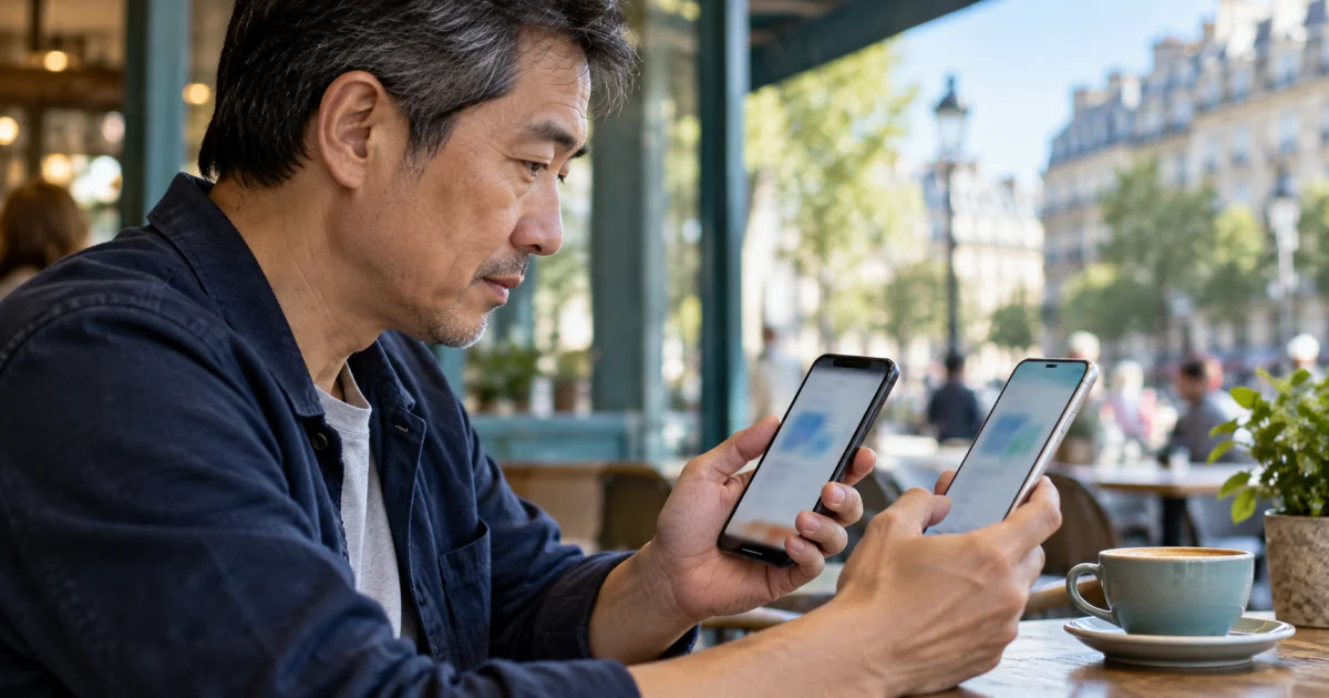 Une personne compare deux téléphones sans marque à la terrasse d’un café.