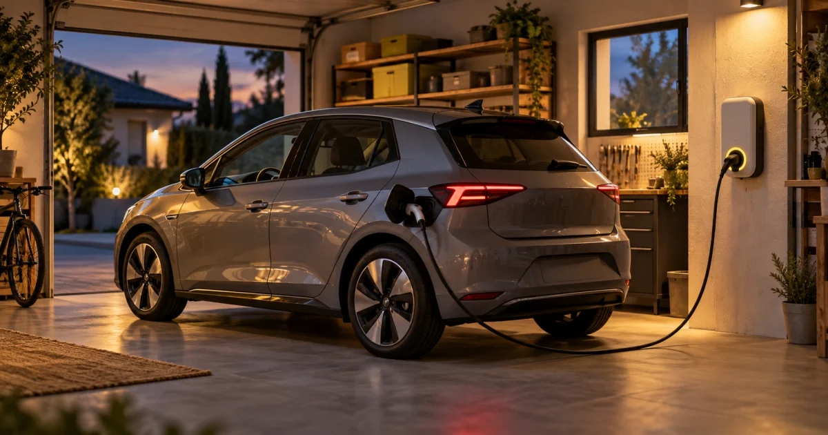 Une voiture électrique sans marque branchée sur une borne domestique dans un garage.