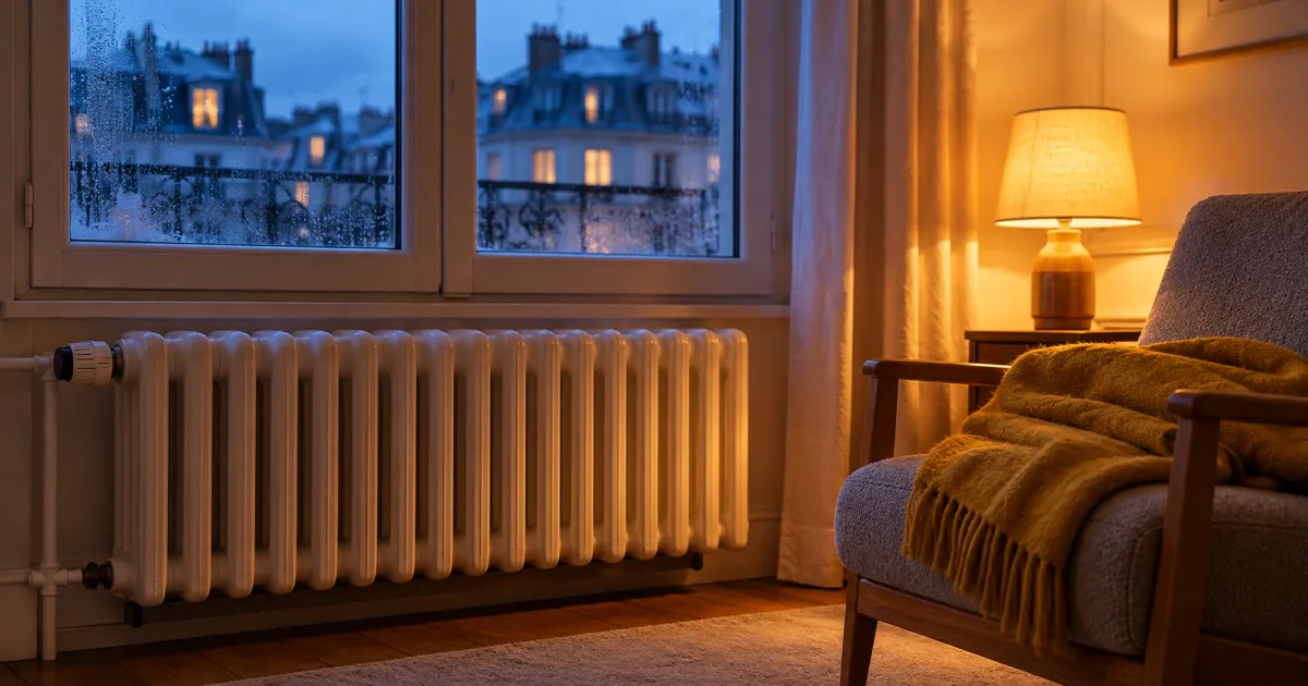 Fauteuil vide, couverture et radiateur près d’une fenêtre au crépuscule ; illustration.