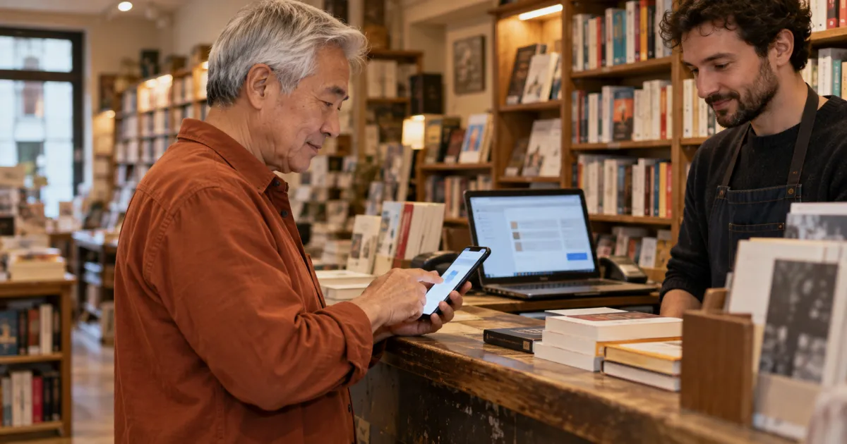 Homme aux cheveux gris utilisant son téléphone dans une librairie ; illustration de paiement numérique.