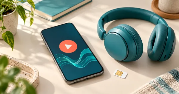 Téléphone, casque audio et carte SIM illustrant un forfait mobile avec musique et vidéo.