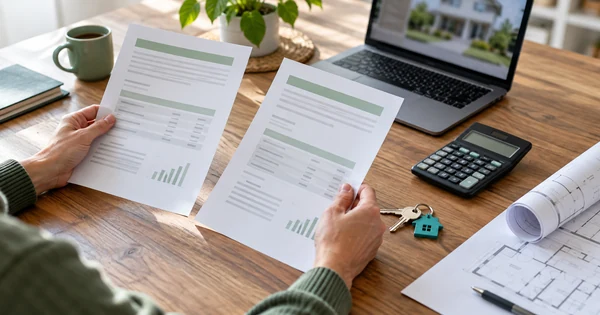 Des mains comparent deux documents près d’une calculatrice, de clés de logement et d’un ordinateur.