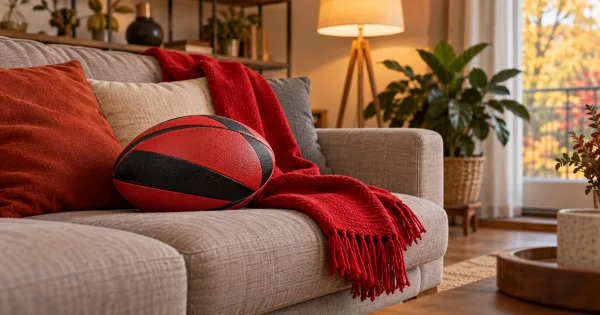 Un ballon de rugby sans marque et une écharpe rouge dans un salon éclairé par la lumière du jour.