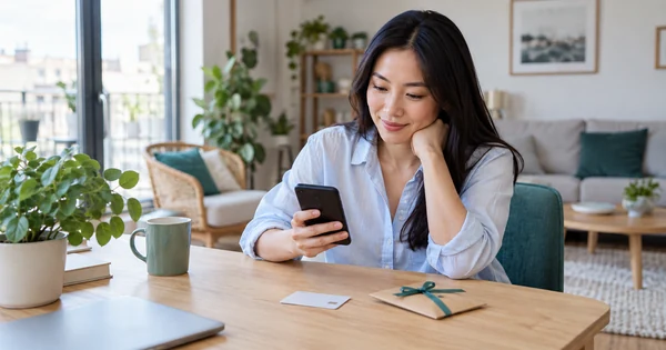 Une femme aux longs cheveux noirs consulte son téléphone à une table où se trouvent une carte et une enveloppe cadeau.