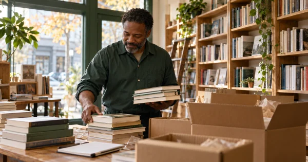 Un commerçant range des livres dans sa librairie, près de cartons de stock.