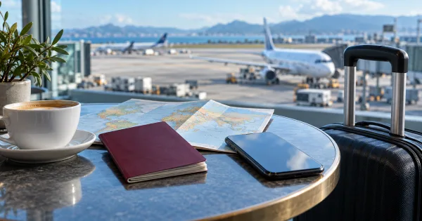 Un téléphone et un bagage à main près d’une fenêtre d’aéroport, sans texte lisible.