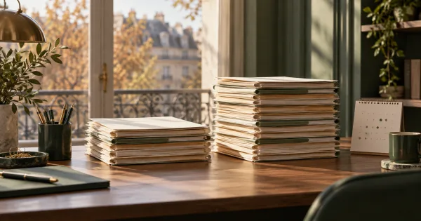 Deux piles de dossiers de hauteurs différentes et un calendrier sur un bureau, dans des tons verts.