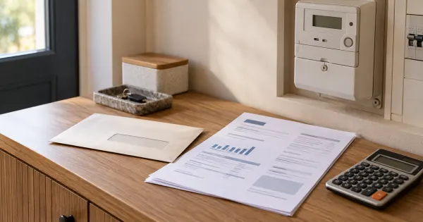Courrier, facture d’énergie et calculatrice sur un meuble d’entrée près d’un compteur ; illustration.