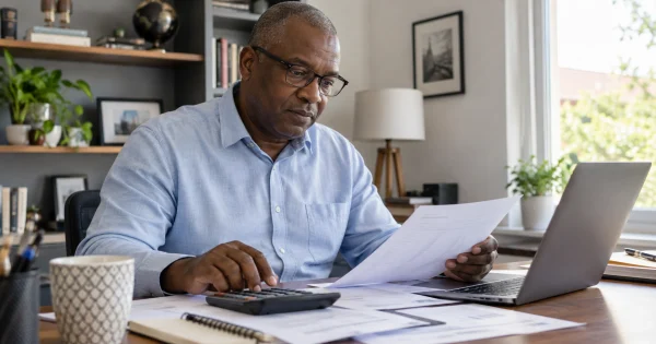 Un homme examine des documents de prêt avec une calculatrice dans son bureau.