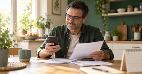 Un homme consulte son téléphone et des documents bancaires à sa table de cuisine.