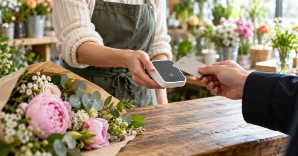 Illustration générée : paiement avec un terminal générique chez un fleuriste, sans représentation d’un appareil Stancer.