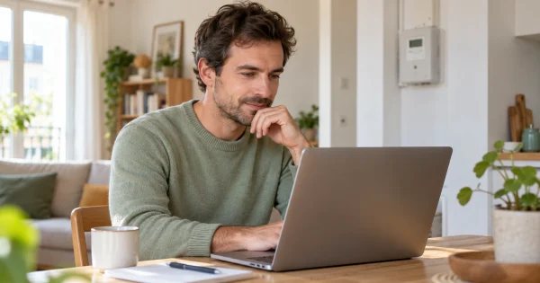 Un homme aux cheveux bouclés consulte un ordinateur portable dans un logement lumineux où un compteur est visible au mur.