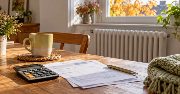 Une calculatrice et des documents sont posés sur une table près d’une fenêtre et d’un radiateur.