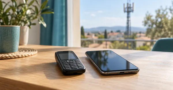 Ancien téléphone à touches et smartphone récent côte à côte sur une table ; illustration.